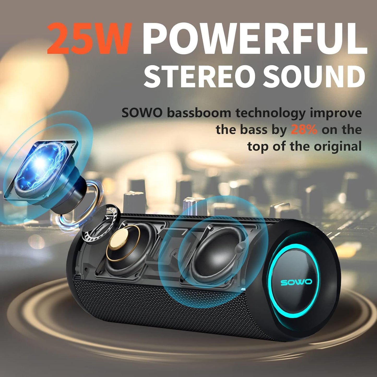 Wireless Portable Speaker,Ipx7 Waterproof Bluetooth Speaker, 25W Loud Stereo Sound, Bassboom Technology, TWS Pairing, Built-In Mic, 16H Playtime with Lights for Home Outdoor - Black