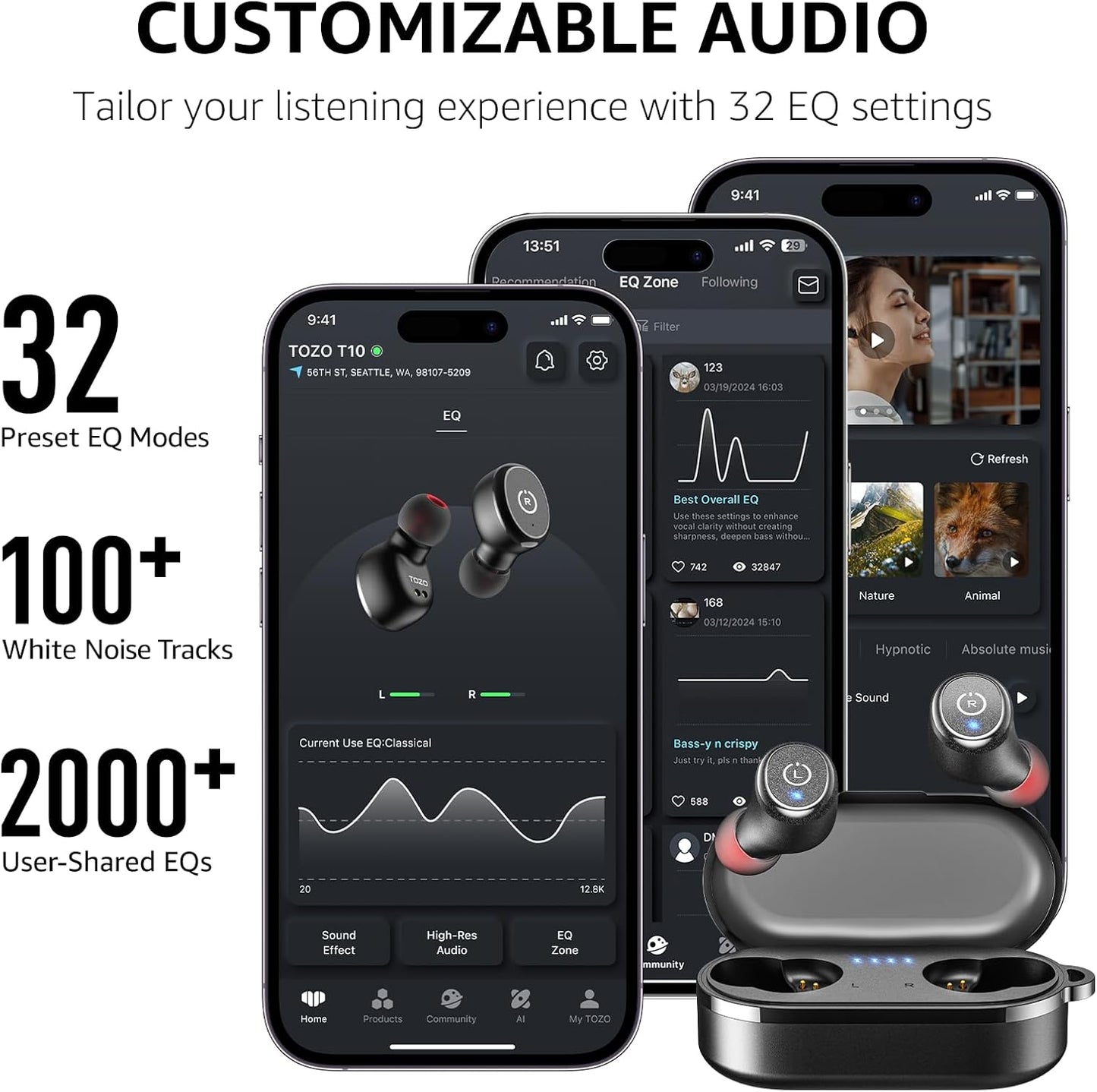 T10 Wireless Earbuds Bluetooth 5.3 Headphones, App Customize EQ, Ergonomic Design, 55H Playtime, Wireless Charging Case, IPX8 Waterproof Sound In-Ear Headset, 2025 New Version