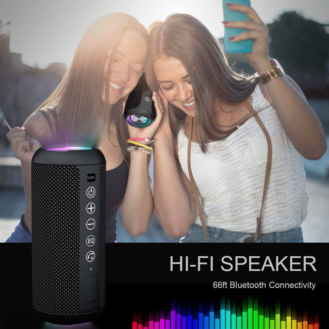 Portable Bluetooth Speaker: IPX7 Waterproof, 24W Loud Sound, Deep Bass, Bluetooth 5.3, LED Lights, Wireless Stereo Pairing, 30H Playtime, for Home/Outdoor/Party/Beach, Birthday Gift (Black)