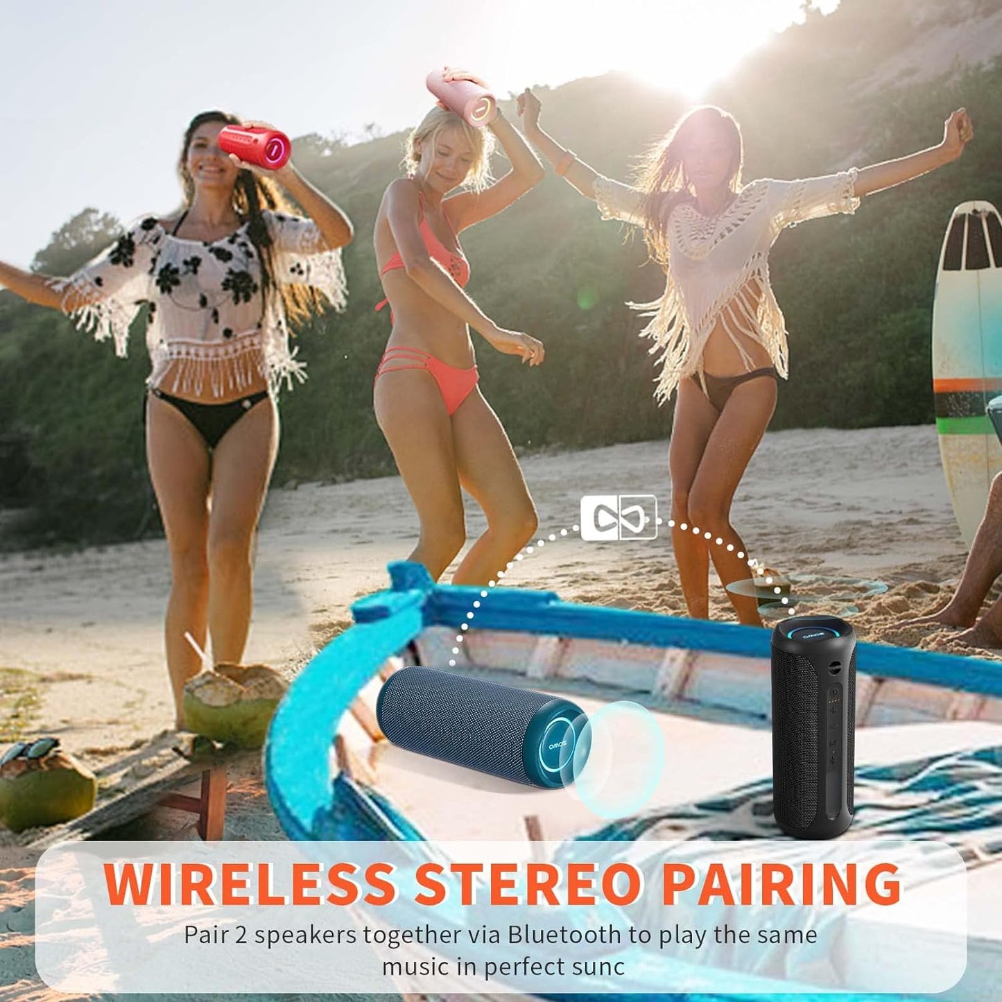 Wireless Portable Speaker,Ipx7 Waterproof Bluetooth Speaker, 25W Loud Stereo Sound, Bassboom Technology, TWS Pairing, Built-In Mic, 16H Playtime with Lights for Home Outdoor - Black