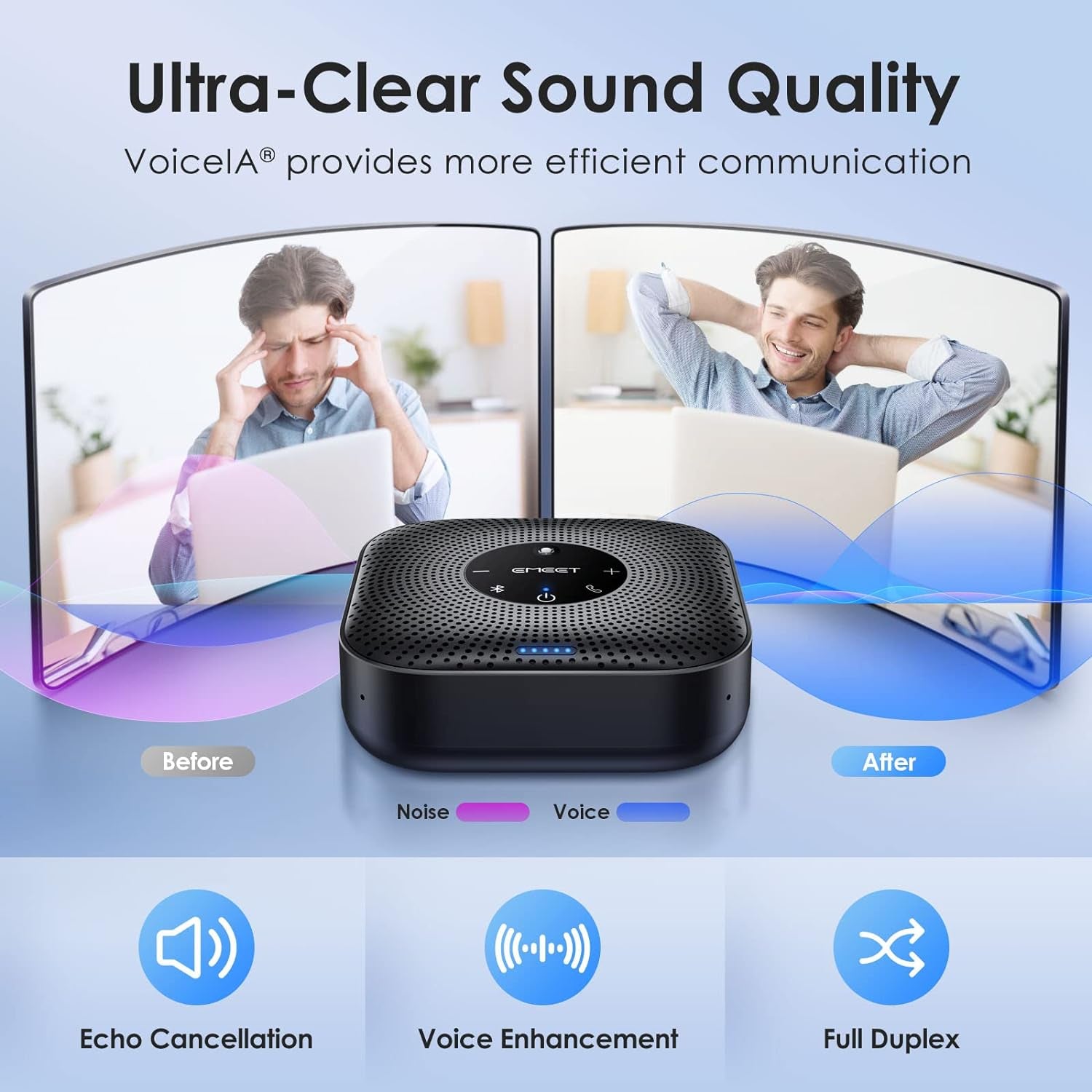 Conference Speakerphone M0 Plus, 4 AI Mics 360° Voice Pickup, Noise Reduction, USB C Speaker, Bluetooth Conference Speaker for 8 People W/Daisy Chain for 16 Compatible with Leading Software