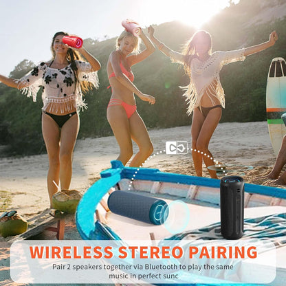 Wireless Portable Speaker,Ipx7 Waterproof Bluetooth Speaker, 25W Loud Stereo Sound, Bassboom Technology, TWS Pairing, Built-In Mic, 16H Playtime with Lights for Home Outdoor - Black