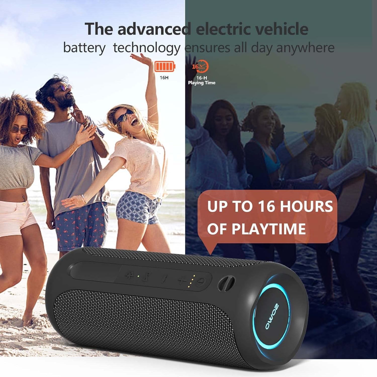 Wireless Portable Speaker,Ipx7 Waterproof Bluetooth Speaker, 25W Loud Stereo Sound, Bassboom Technology, TWS Pairing, Built-In Mic, 16H Playtime with Lights for Home Outdoor - Black