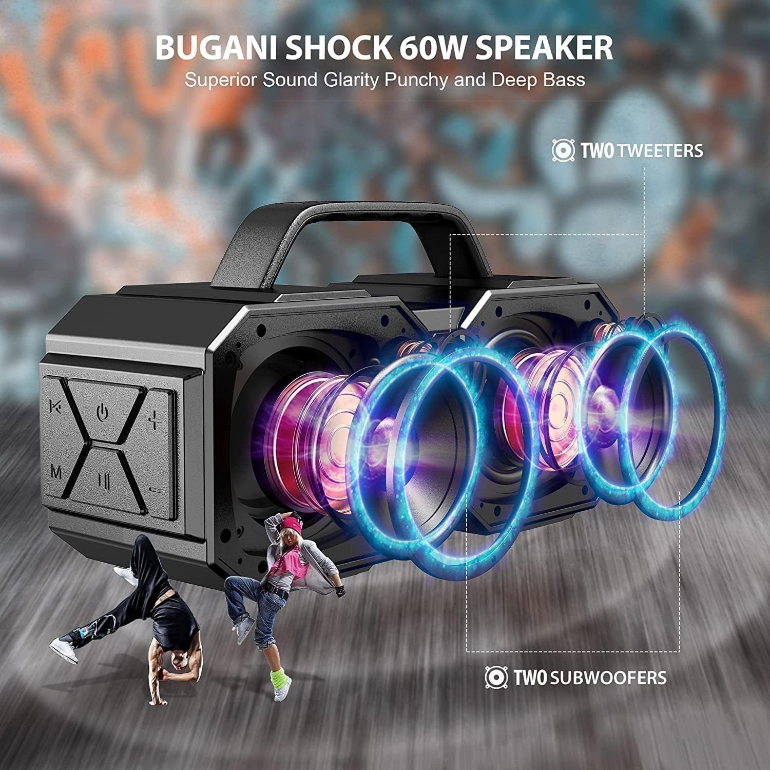 Shock Bluetooth Speaker, Portable Bluetooth 5.3, Waterproof, 60W Super Power, Outdoor Speaker, Black(New Model)